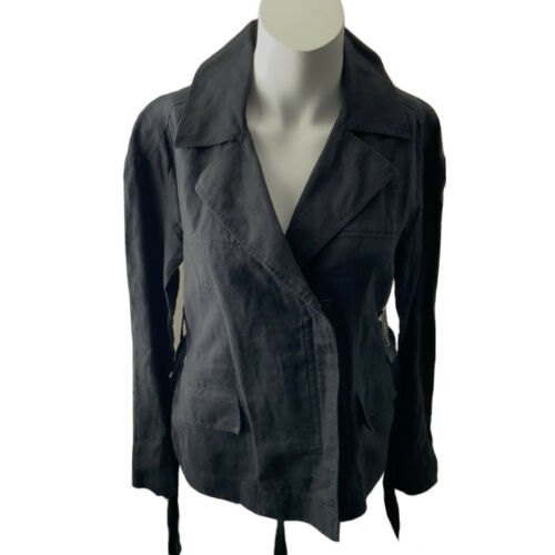 100% Linen Jacket Lord & Taylor Black Lightweight V-Neck Belted Xs — image 3 of 8